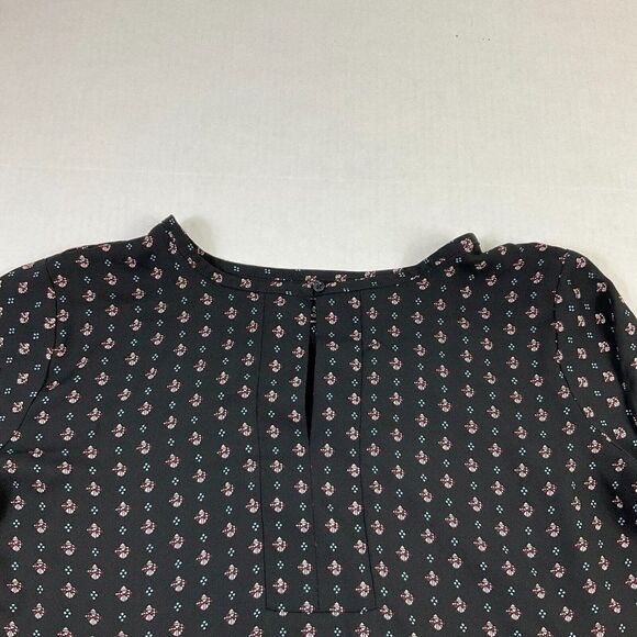 LOFT Blouse Black Printed Bell Long Sleeve Shirt Button Keyhole Top PM Petites - Picture 4 of 13